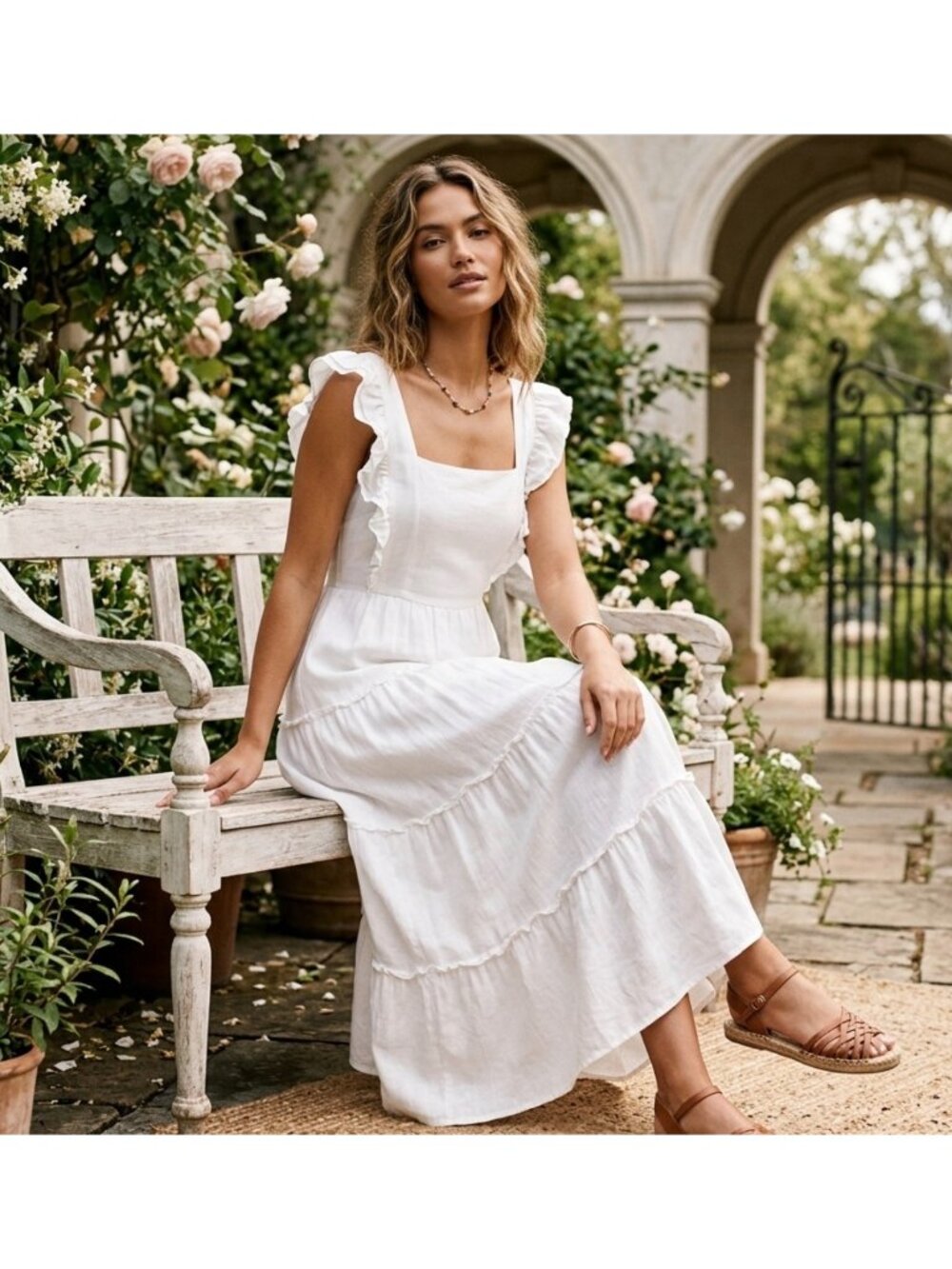 White Ruffle Sleeve Tiered Maxi Dress With Square Neckline size L